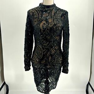 UEC Style Rack of LA long sleeve high neck black sequin dress medium